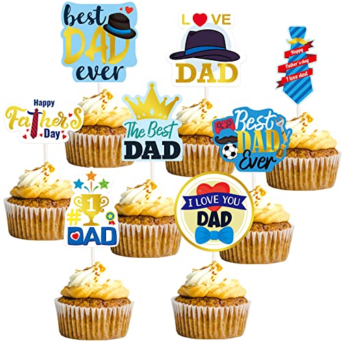 48pcs Fathers Day Cupcake Toppers Gold Foil Best Dad Birthday C...