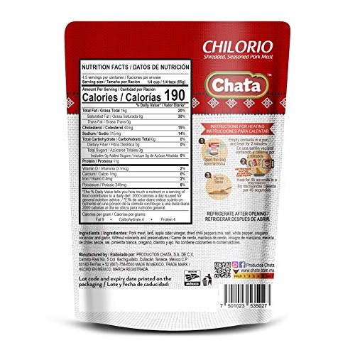 Chilorio Chata Pouch Shredded Seasoned Pork Meat 8.8 Ounces