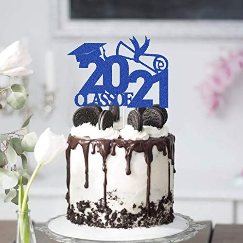 Class Of 2021 Cake Topper,Blue Glitter Graduation Party Cake Dec
