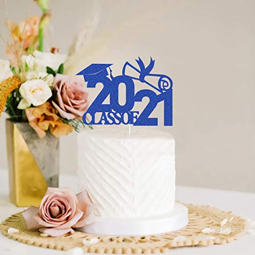 Class Of 2021 Cake Topper,Blue Glitter Graduation Party Cake Dec