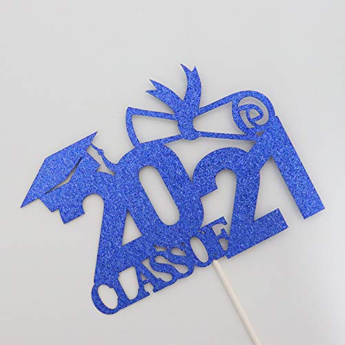 Class Of 2021 Cake Topper,Blue Glitter Graduation Party Cake Dec