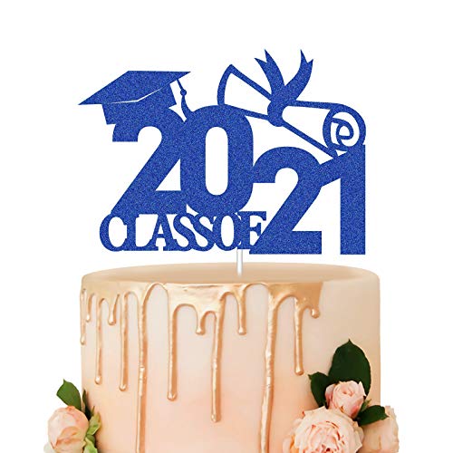 Class Of 2021 Cake Topper,Blue Glitter Graduation Party Cake Dec