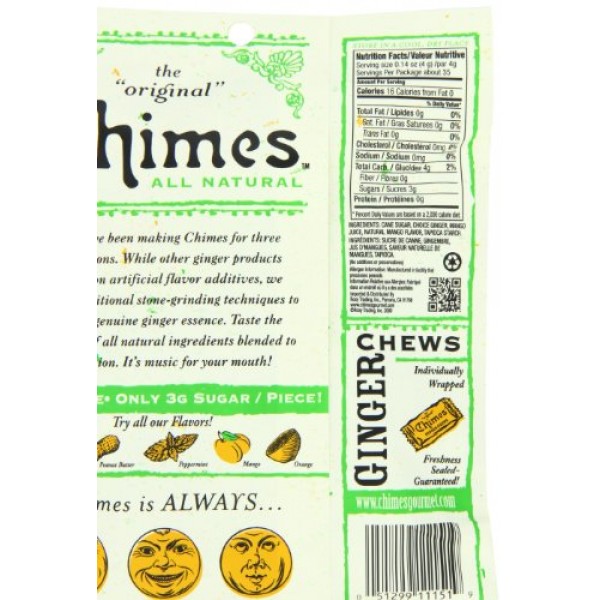 Chimes Mango Ginger Chews candies, 5-Ounce Bags Pack of 8