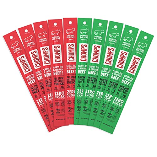 Chomps Grass Fed Beef Jerky Sticks, Beef Variety Pack, 10 Sticks