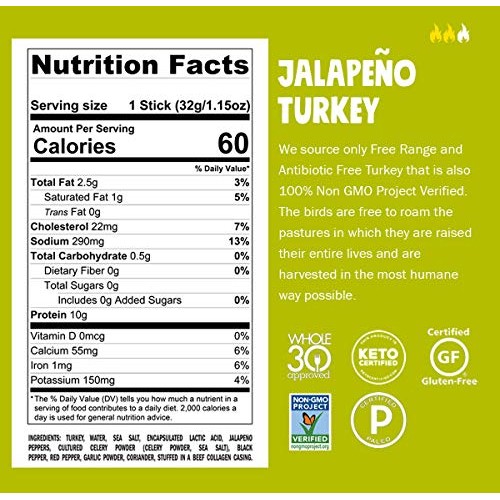 Chomps Free Range Jalapeño Turkey Jerky Snack Sticks, Keto, Pale