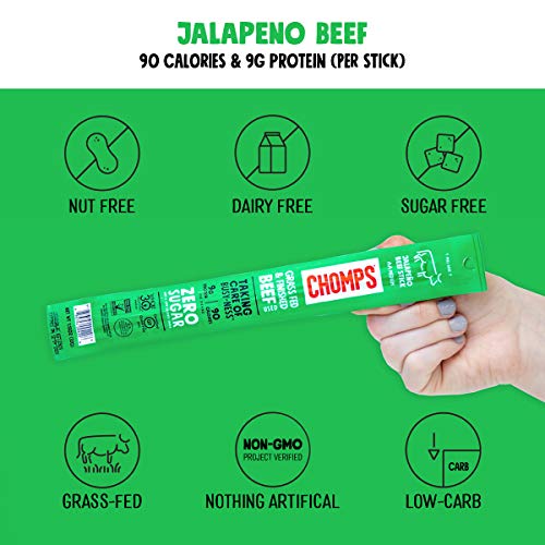 Chomps Grass Fed Beef Jerky Meat Snack Sticks, Keto, Paleo, Whol