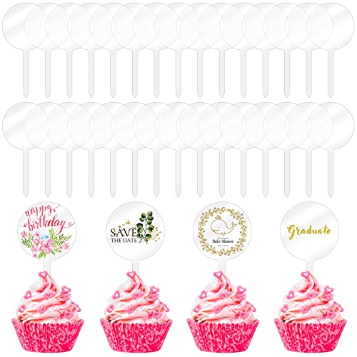 30 Pack 2 Inch Circle Acrylic Cupcake Toppers, Diy Clear Round B