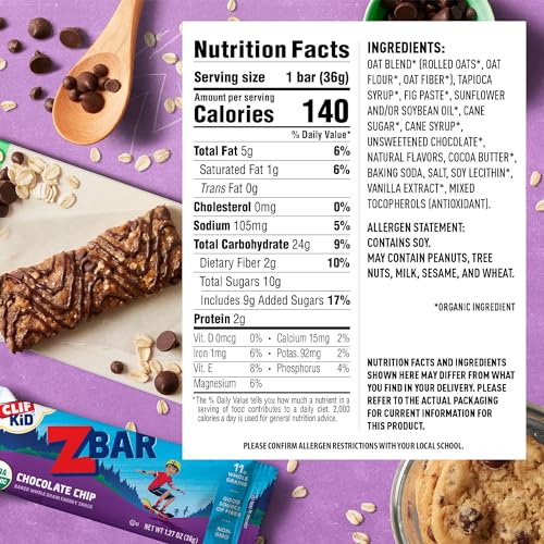 CLIF Kid Zbar - Chocolate Chip - Soft Baked Whole Grain Snack Ba...