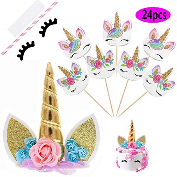 Cocadant Unicorn Cake Topper with Eyelashes and 24 Pieces Double...