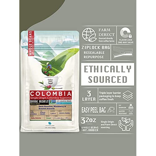 32 Ounce 2 Lb Non-Gmo Single Origin Colombia Dark Roast Whole