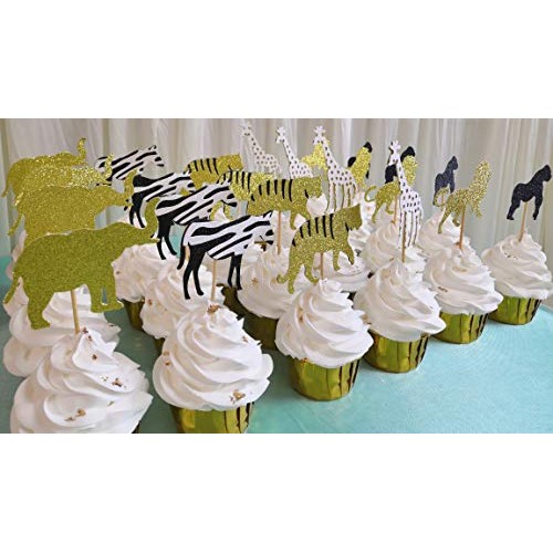 24 Pcs Cooper Life Jungle Safari Animal Cupcake Toppers Gold Gli