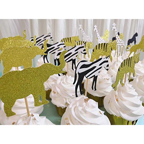 24 Pcs Cooper Life Jungle Safari Animal Cupcake Toppers Gold Gli