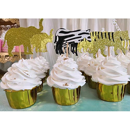 24 Pcs Cooper Life Jungle Safari Animal Cupcake Toppers Gold Gli