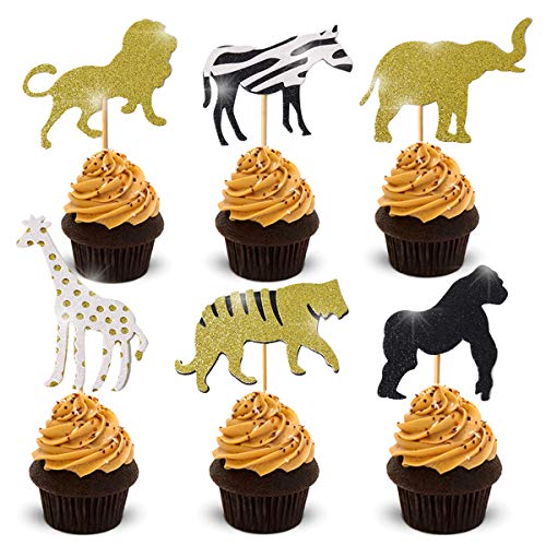 24 Pcs Cooper Life Jungle Safari Animal Cupcake Toppers Gold Gli