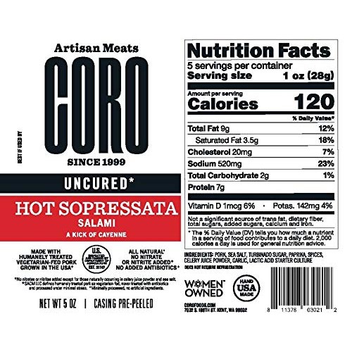 Coro By Salumi, Uncured Hot Sopressata Piccolo Salami, 3 Pk