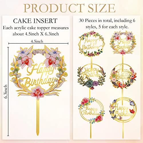 Coume 30 Pcs Happy Birthday Cake Toppers Flower Acrylic Birthday...