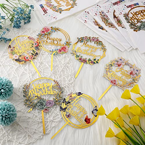Coume 30 Pcs Happy Birthday Cake Toppers Flower Acrylic Birthday...