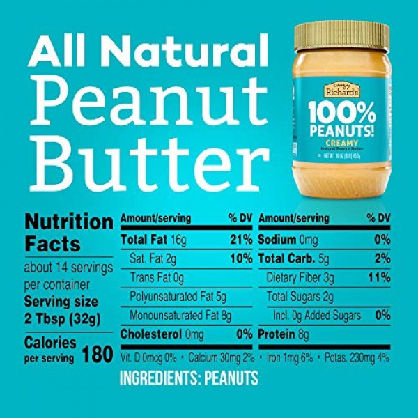 100% All-Natural Creamy Peanut Butter, Sugar-Free Peanut Butter ...