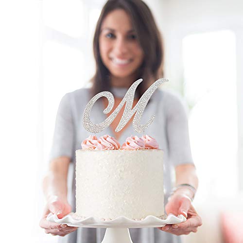 Premium Metal Letter M Silver Rhinestone Cake Topper. Sparkly Mo