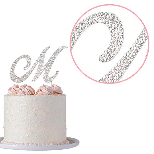 Premium Metal Letter M Silver Rhinestone Cake Topper. Sparkly Mo