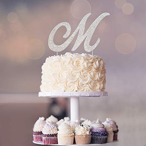 Premium Metal Letter M Silver Rhinestone Cake Topper. Sparkly Mo