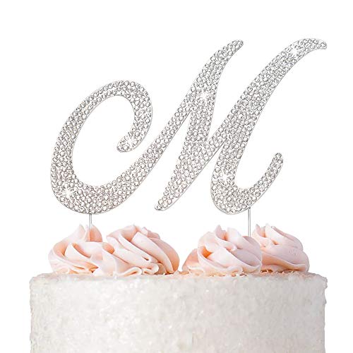 Premium Metal Letter M Silver Rhinestone Cake Topper. Sparkly Mo