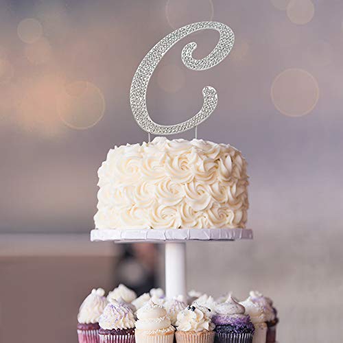 Premium Metal Letter C Silver Rhinestone Cake Topper. Sparkly Mo