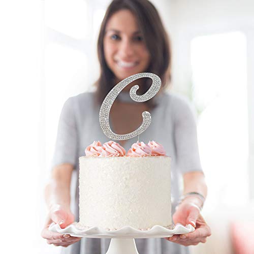 Premium Metal Letter C Silver Rhinestone Cake Topper. Sparkly Mo