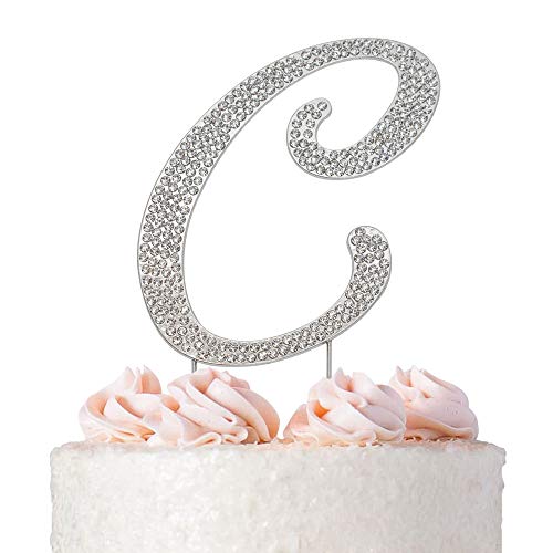 Premium Metal Letter C Silver Rhinestone Cake Topper. Sparkly Mo