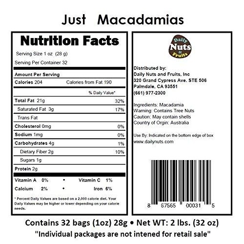 Just Macadamias Raw, 2 Lb, 32 Packs 1Oz, No Additives, Uns