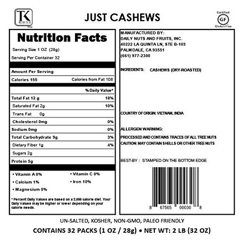 Just Cashews 2 Lb, Whole-Kernel Fresh Light-Roasted, 32 Pack