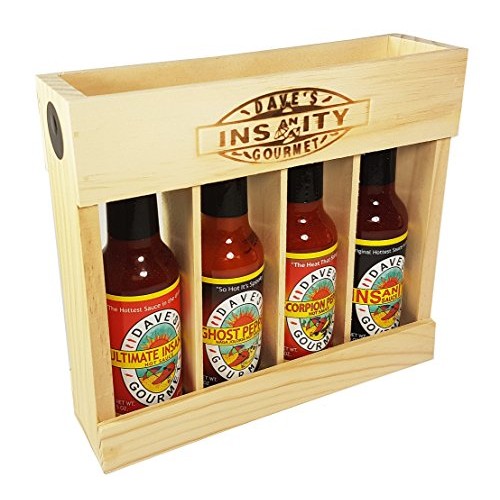 Daves Gourmet Insanity Super Hot Sauce Wooden Crate Gift Set 4