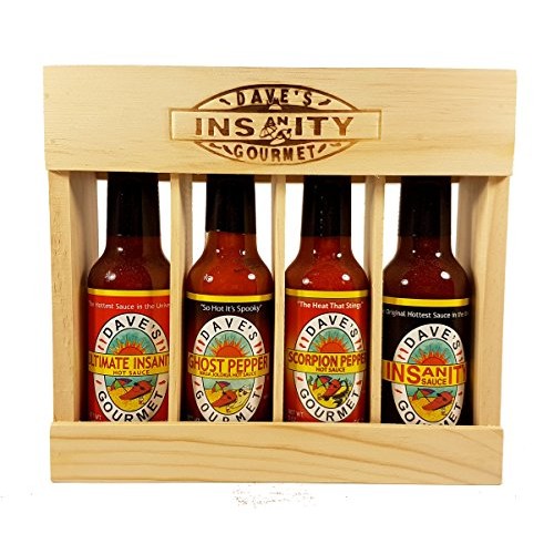 Daves Gourmet Insanity Super Hot Sauce Wooden Crate Gift Set 4