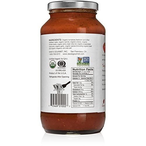 Daves Gourmet Pasta Sauce, Organic Red Heirloom Tomato, 24 Oz