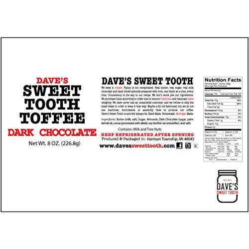 Daves Sweet Tooth Toffee - Dark Chocolate Toffee 4 oz - Handm...