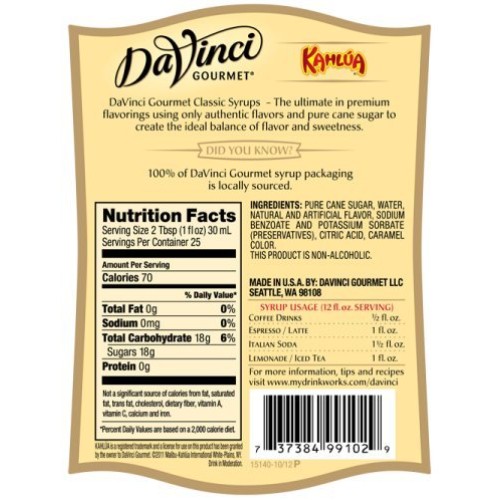 Da Vinci Coffee Liqueur Syrup Formally Kahlua Syrup, 750 Ml Pl