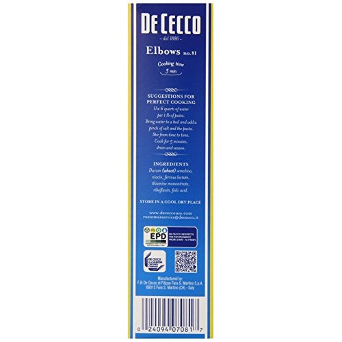 De Cecco Pasta, Elbows, 16 Ounce Pack Of 5