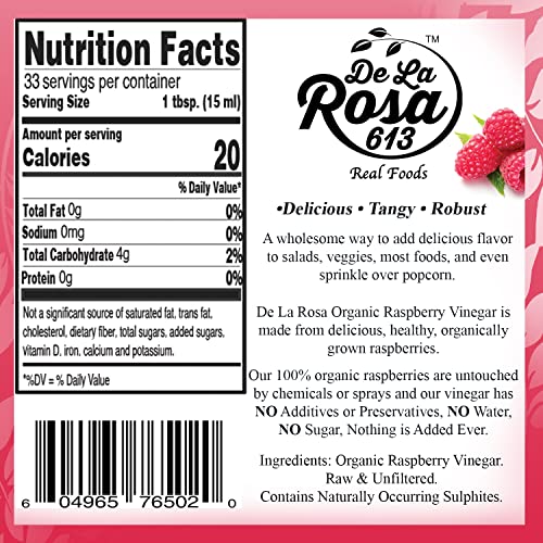 De La Rosa Organic Raspberry Vinegar, Raw & Unfiltered Pure Vine...