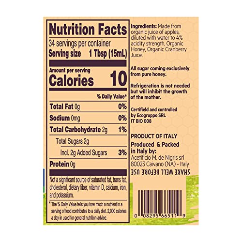 De Nigris Organic Apple Cider Vinegar With Honey & Cranberry, Ra...