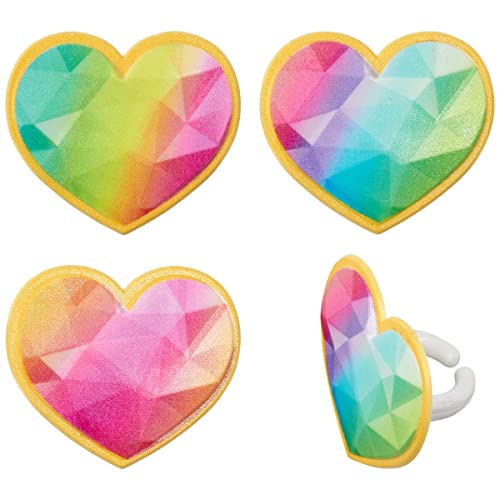24 Rainbow Prism Heart Cupcake Rings Topper Decoration