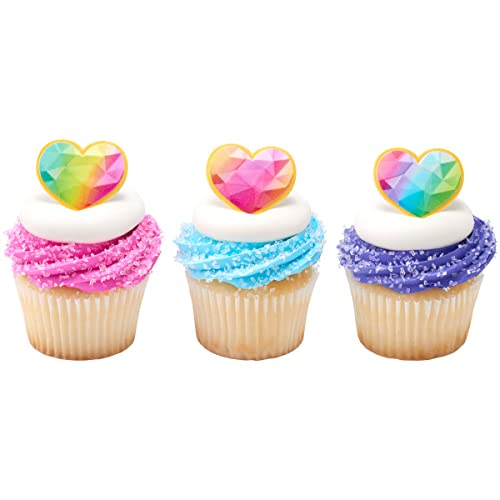 24 Rainbow Prism Heart Cupcake Rings Topper Decoration