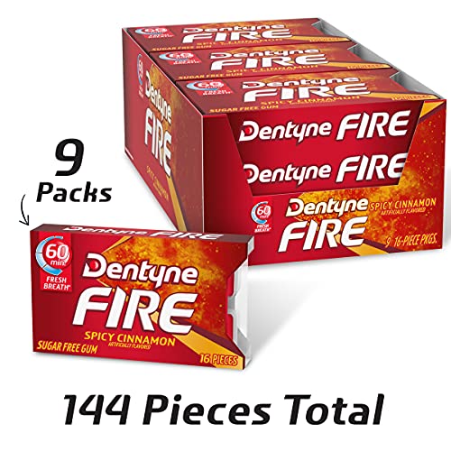 Dentyne Fire Spicy Cinnamon Sugar Free Gum, 9 Packs Of 16 Pieces
