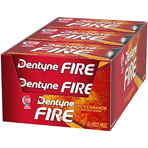 Dentyne Fire Spicy Cinnamon Sugar Free Gum, 9 Packs Of 16 Pieces
