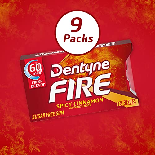 Dentyne Fire Spicy Cinnamon Sugar Free Gum, 9 Packs Of 16 Pieces