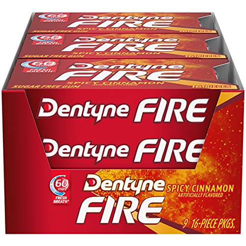 Dentyne Fire Spicy Cinnamon Sugar Free Gum, 9 Packs Of 16 Pieces