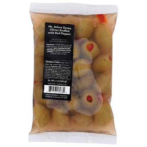 Divina, Mt. Athos Green Olives Stuffed With Red Pepper, 7 Ounce
