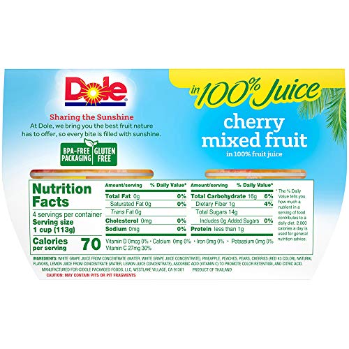 Dole Fruit Bowls Cherry &Amp; Mixed Fruit In 100% Fruit Juice 4 Oz 4