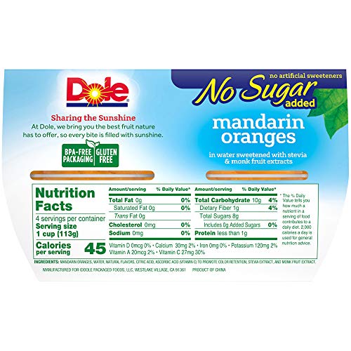Dole Fruit Bowls, Mandarin Oranges In Water, No Sugar Added, 4 C