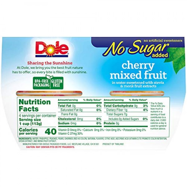Dole Fruit Bowls No Sugar Added Cherry Mixed Fruit, 4 Cups 6 Pack