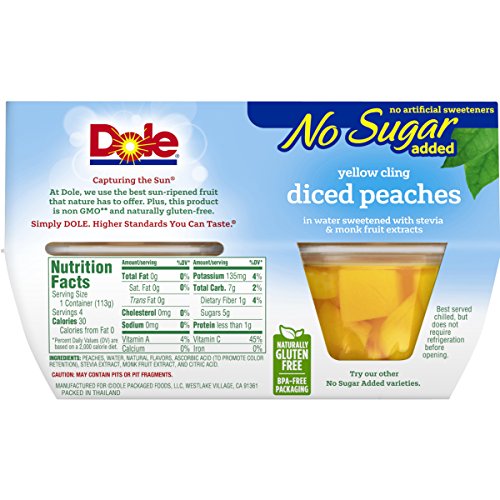 Dole Fruit Bowls No Sugar Added Yellow Cling Diced Peaches, 4 Cu